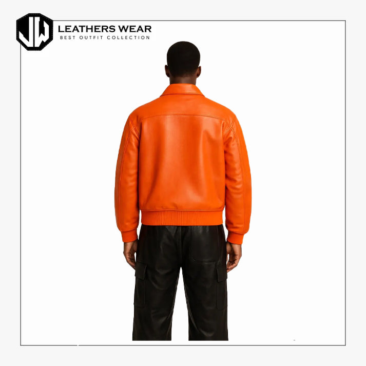 Orange Real Leather Jacket Bomber Style