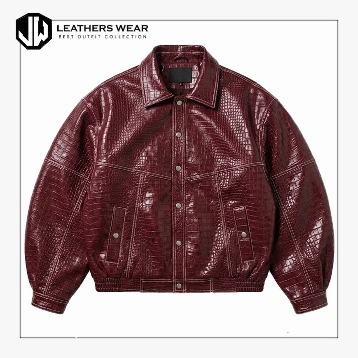 Oversized Red Crocodile Leather Jacket Men