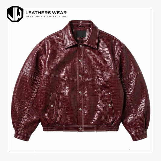 Oversized Red Crocodile Leather Jacket Men