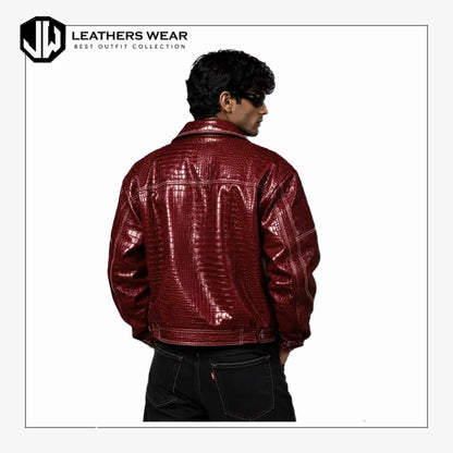 Oversized Red Crocodile Leather Jacket Men