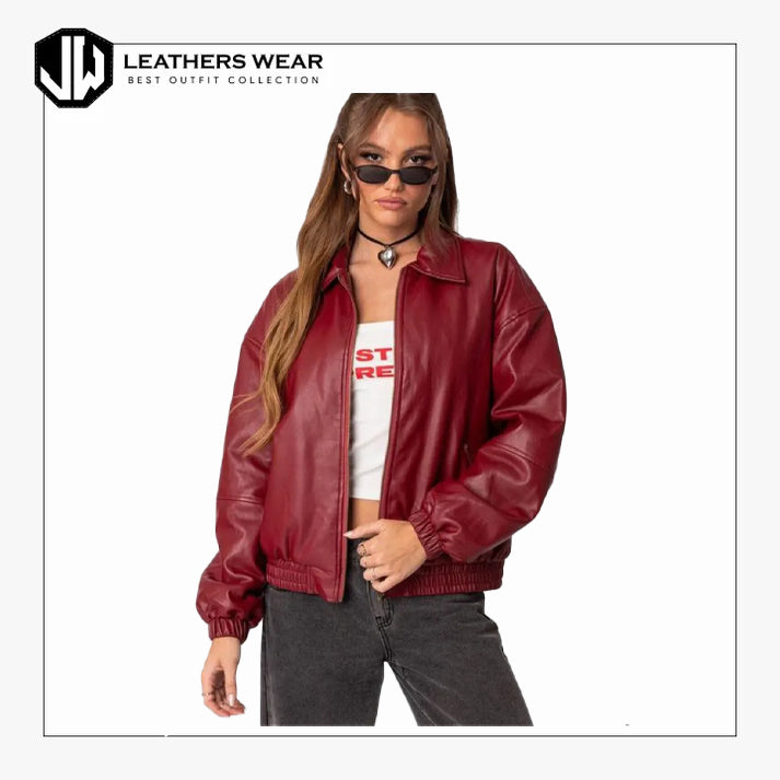 Oversized Red Leather Bomber Jacket