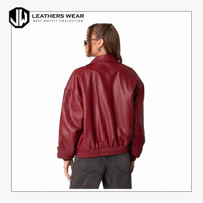 Oversized Red Leather Bomber Jacket