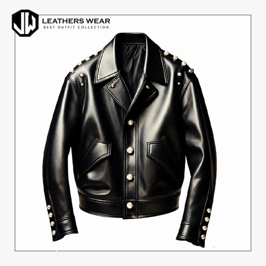 Pearl Studded Black Vegan Leather Jacket