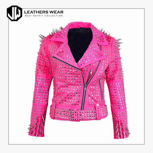 Pink Studded Leather Jacket Womens