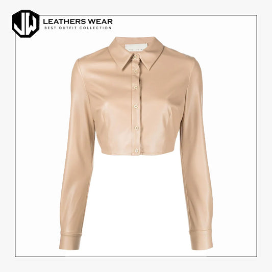 Pink Cropped Faux Leather Shirt