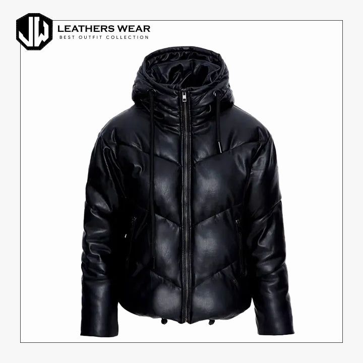 Puffer Vegan Leather Hooded Black Jacket