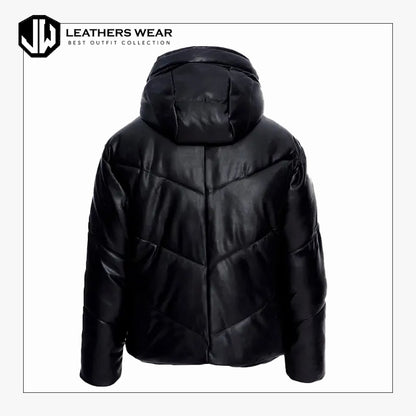 Puffer Vegan Leather Hooded Black Jacket