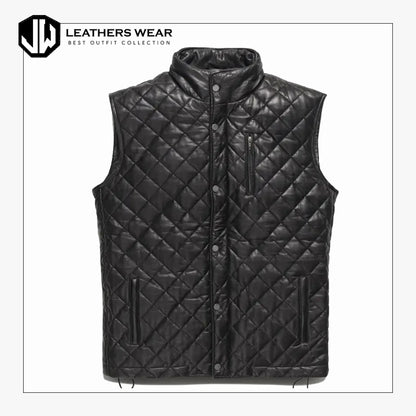 Quilted Mens Black Leather Vest