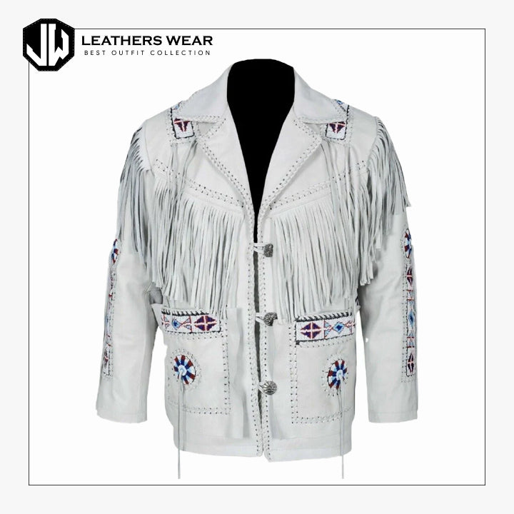 Western Cowboy Fringe White Leather Jacket