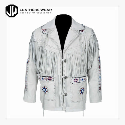 Western Cowboy Fringe White Leather Jacket