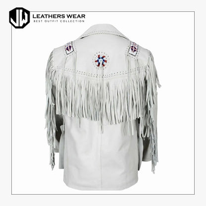 Western Cowboy Fringe White Leather Jacket