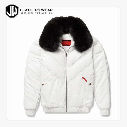 Real White V-Bomber Leather Jacket For Men