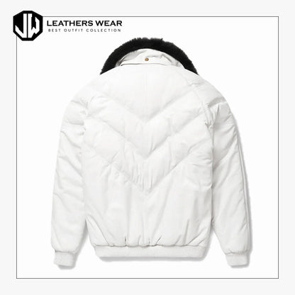 Real White V-Bomber Leather Jacket For Men