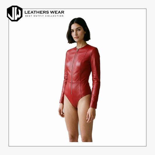 Red Cowhide Leather Bodysuit