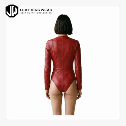 Red Cowhide Leather Bodysuit