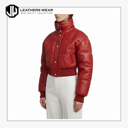 Red Cropped Leather Jacket Women