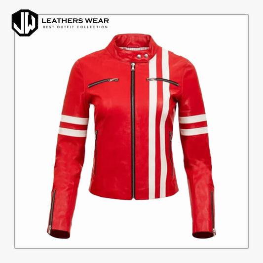 Red Leather Biker Jacket Women