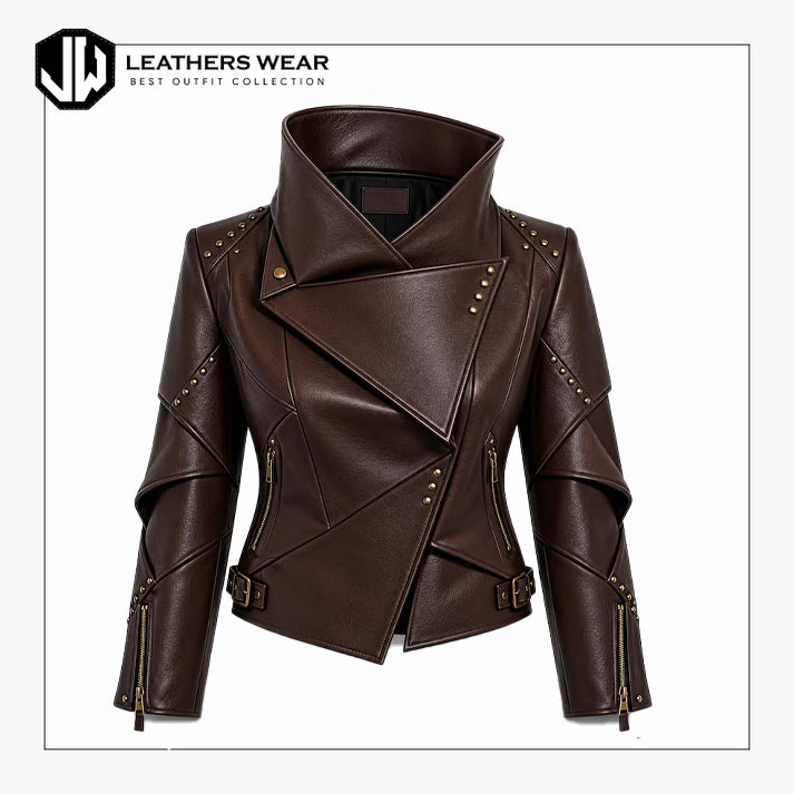 Studded Brown Leather Jacket Women