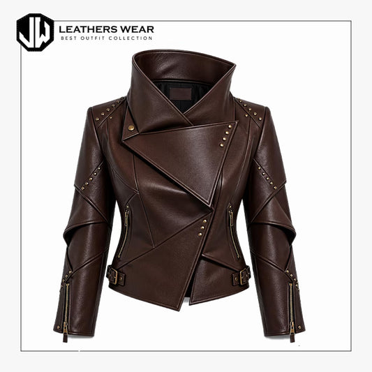 Studded Brown Leather Jacket Women