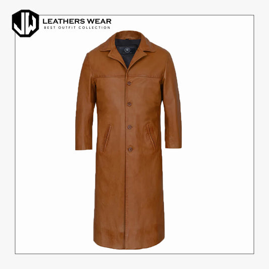 Tan Leather Trench Coat For Men