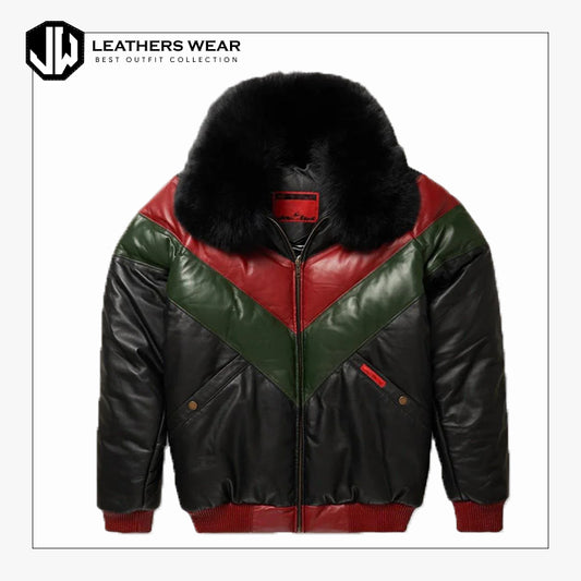 Three Tone Red Green And Black V Bomber Leather Jacket