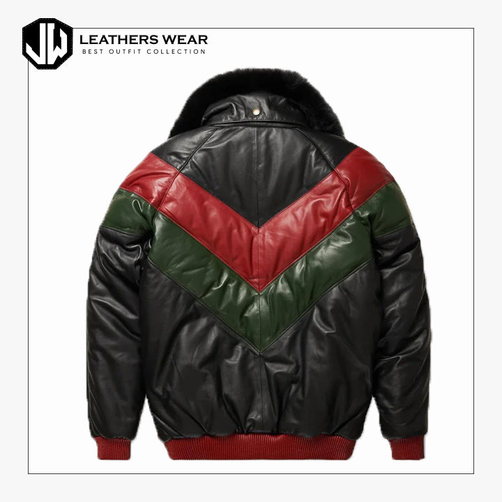 Three Tone Red Green And Black V Bomber Leather Jacket