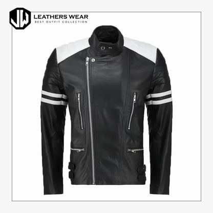 White And Black Biker Style Leather Jacket