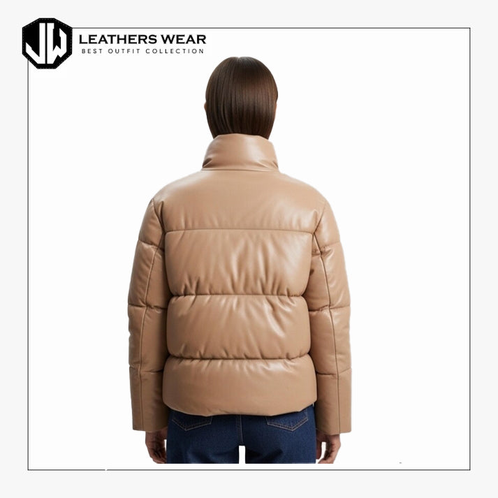 Women Beige Leather Puffer Jacket
