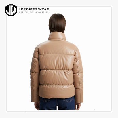 Women Beige Leather Puffer Jacket