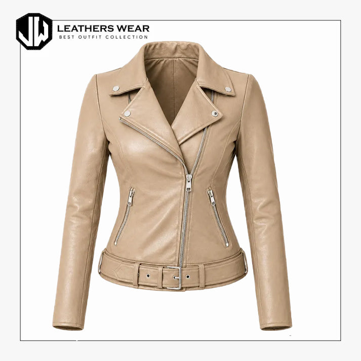 Women Beige Belted Biker Jacket