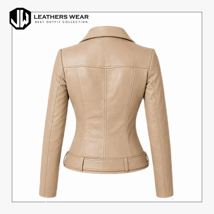 Women Beige Belted Biker Jacket