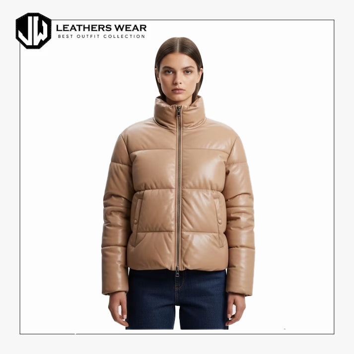 Women Beige Leather Puffer Jacket