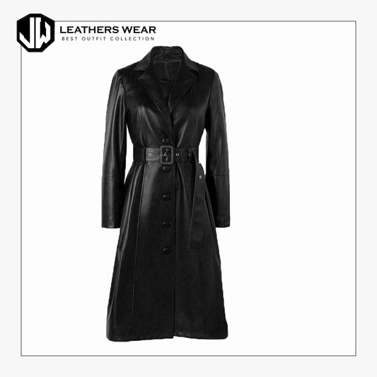 Women Black Leather Trench Coat