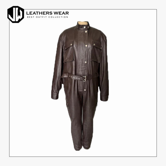 Women Brown Leather Jumpsuit