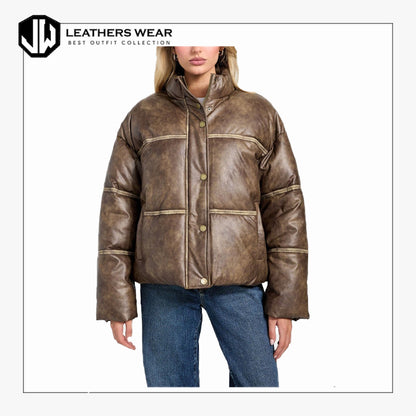 Women Brown Puffer Leather Jacket
