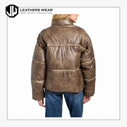 Women Brown Puffer Leather Jacket