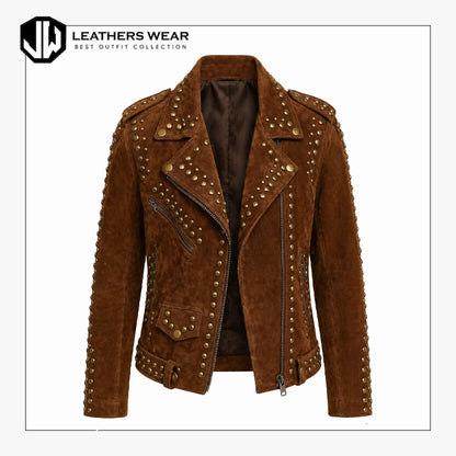 Women Brown Suede Studded Biker Jacket