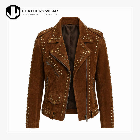 Women Brown Suede Studded Biker Jacket