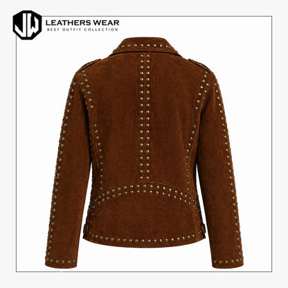 Women Brown Suede Studded Biker Jacket