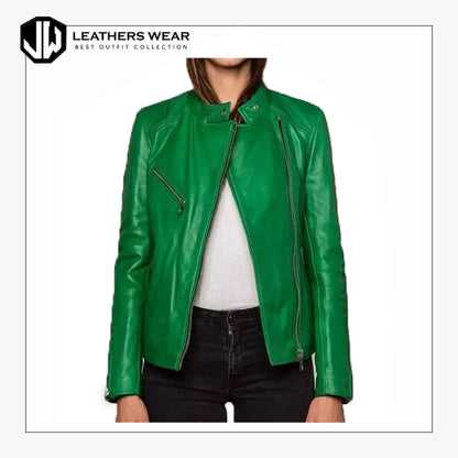 Women Green Genuine Leather Jacket