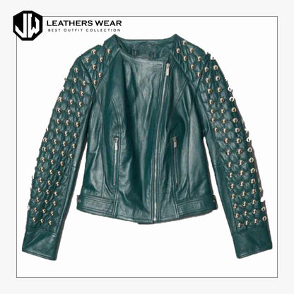 WomenGreenStuddedLeatherJacket