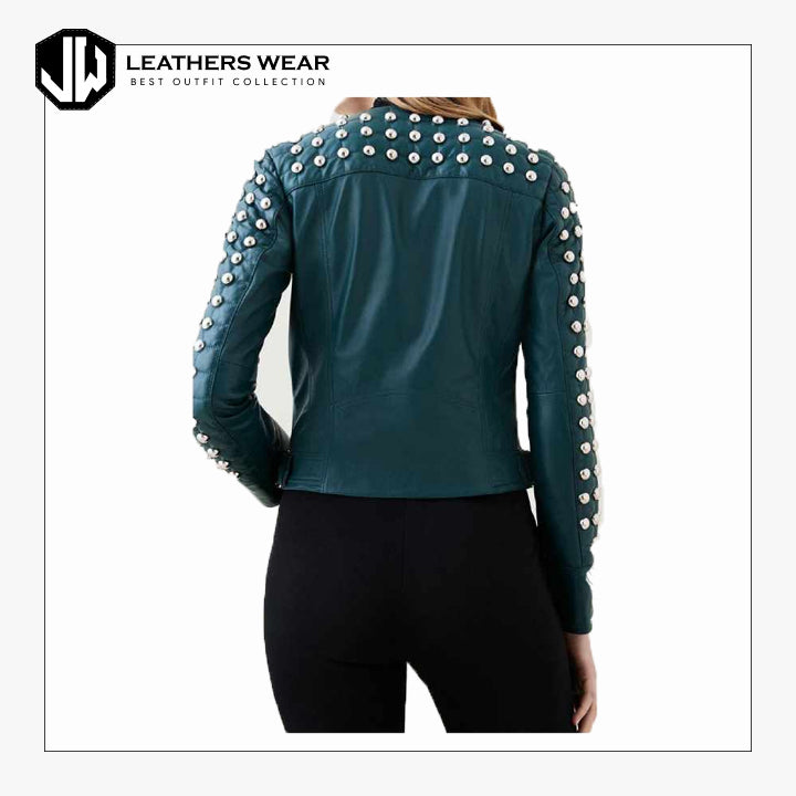 WomenGreenStuddedLeatherJacket1