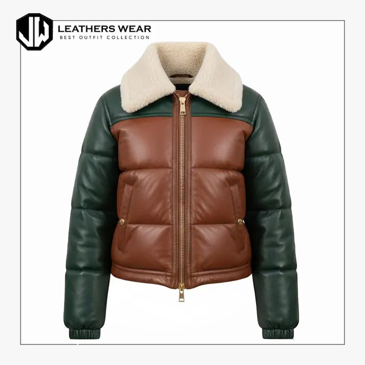 Women Leather Bomber Style Puffer Jacket