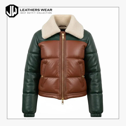 Women Leather Bomber Style Puffer Jacket