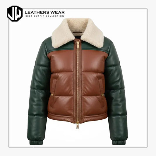 Women Leather Bomber Style Puffer Jacket