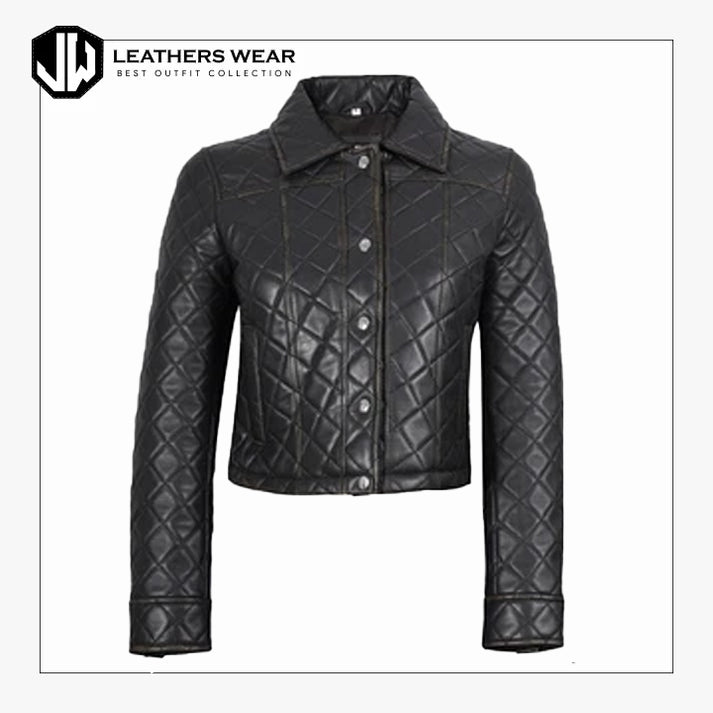 Women Leather Cropped Puffer Jacket
