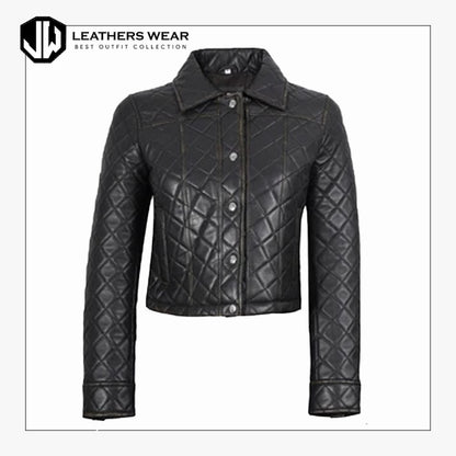 Women Leather Cropped Puffer Jacket