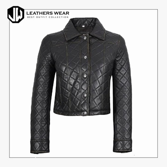 Women Leather Cropped Puffer Jacket