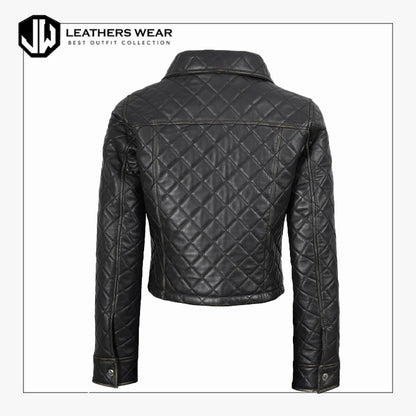 Women Leather Cropped Puffer Jacket