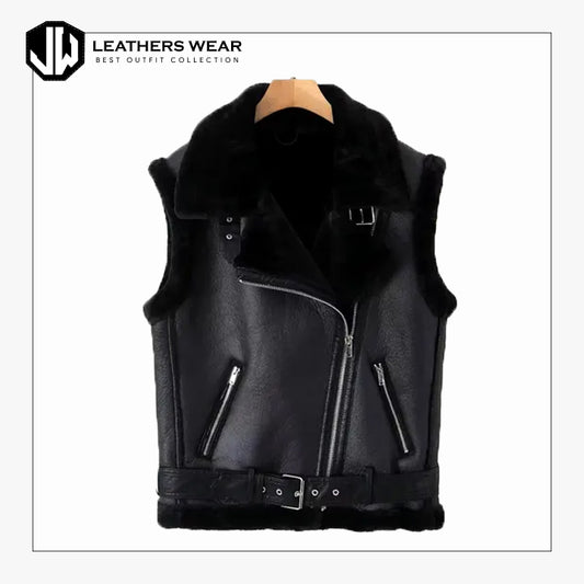 Women Sheepskin Leather Biker Vest